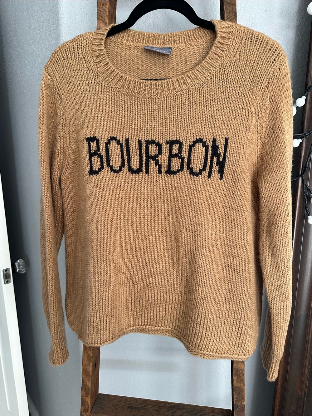 Wooden Ships Camel Crewneck Sweater with Black BOURBON Text size S/M - Picture 4 of 16
